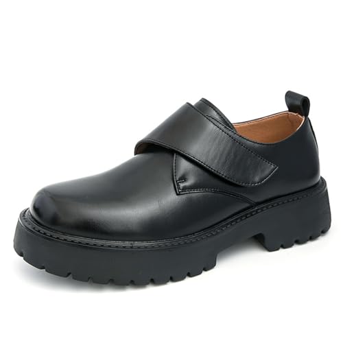 Men's Leather Slip-On Platform Loafers Luxury Round Toe Adjustable Hook and Loop Lug Sole Business Office Dress Shoes Daily Breathable Non-Slip Casual Shoes