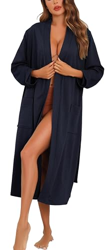 Vlazom Albornoz de Baño para Mujer en Tejido Waffle, Suave y Absorbente, Ligero para Spa y Relax(M,Azul marino)