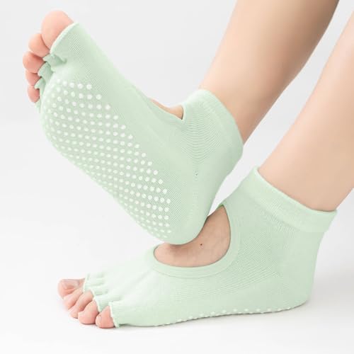 Image of 2 Pairs Toeless Yoga Socks Non-Slip Grips for Pilates Ballet Dance Barefoot Workout Cotton Open Toe Sports Socks