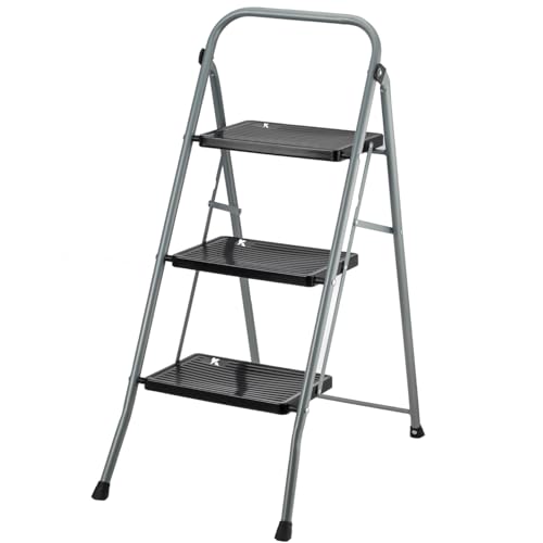 Escalera Plegable, Gris Oscuro – Metal Reforzado, Peldaño Extra Ancho, Apoyabrazos, 150 kg (Negro, 3 Peldaños)