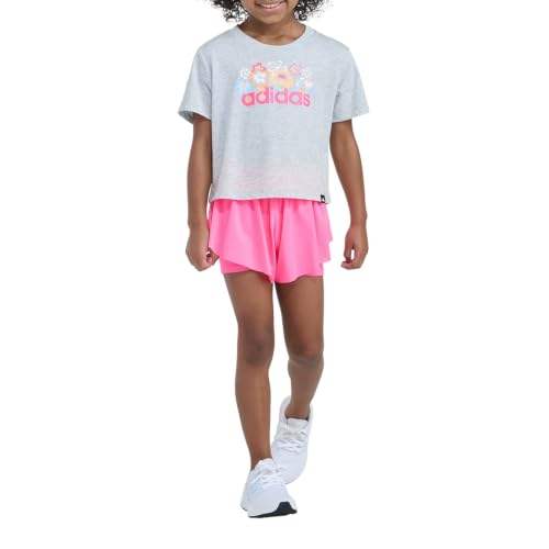 Image of adidas Kids Girls Htr Tee Flowy Short Set Casual Bottoms Casual - Grey