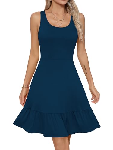 Missufe Damen Sommerkleid A Linien Skaterkleid Rüschenkleid Swing Ärmellos Racerback Freizeitkleider (Pfauenblau, Medium)