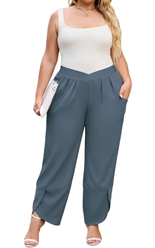 AOVDE Womens Plus Size Palazzo Pants Baggy Wide Leg Pants Elastic Crossover Waist Pleated Front Trousers with Pockets