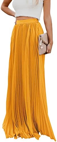ebossy Women's High Waist Flowy Pleated Chiffon Maxi Skirt (Medium, Yellow)