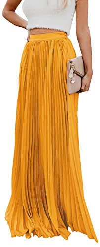 Ebossy Women's High Waist Flowy Pleated Chiffon Maxi Skirt (Medium, Yellow) #TOP15