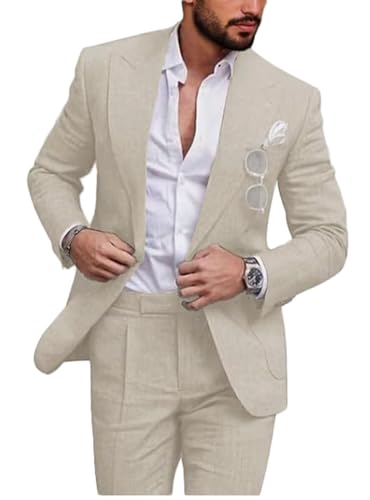 Mens Linen Wedding Suit for Summer One Button Groomsmen Tuxedos Prom Suit Casual Wear