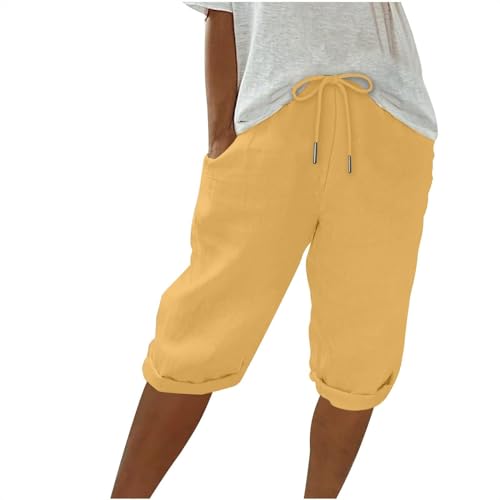 DGZTWLL - Pantalones casuales de algodón para mujer, pantalones cortos de lino de moda, cintura elástica, pantalones cortos de gimnasio con bolsillos y cordón para deportes y atuendos diarios