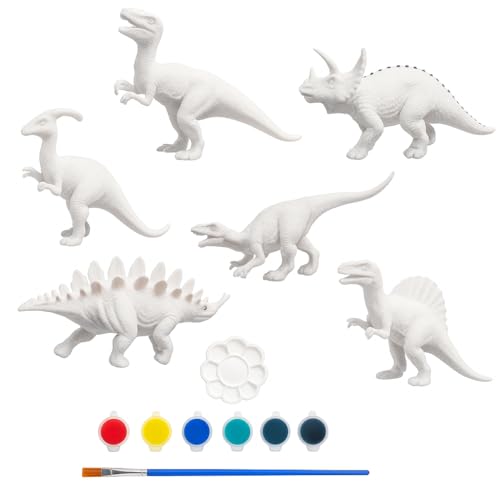 HENGBIRD Kit Creativo niños Dinosaurios para Pintar, 6 Figuras de Dinosaurios con 6 Colores Pincel y Paleta Juguete Creativo sin Pantalla para niños 4–6 años, Manualidades y Actividad Padres e Hijos
