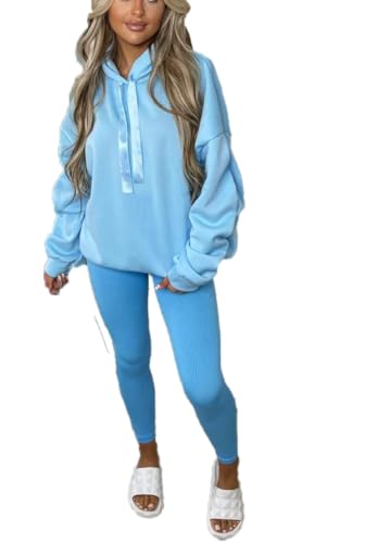 Image of STAR FASHION Womens Oversized Knitted Ruched Sleeve Ribbon Hoodie Ladies Warm Knitwear Hooded Jumper Top Sweatshirt with a Hood Cosy Winter Fall Baby Blue 16-22