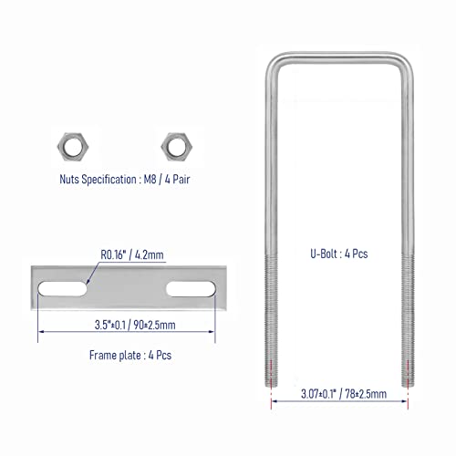 Image of 4 Sets 304 Stainless Steel Square U-Bolts 2-3 /4 inch(70mm)Inner Width, 7.09 inch(180mm)Length Stainless M8 with Nuts, Frame Plate, Accessories for Automobiles Trailer, Boat Trailer Industrial Parts