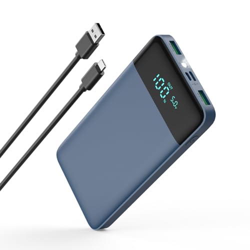 YONHUIZI Portable Charger, 10800mAh LCD Display Compact Ultra Slim Power Bank, 20W PD USB-C in&Out Fast Charging Battery Pack,3 Outputs Portable Phone Charger for iPhone 15 14,Samsung Android -Blue