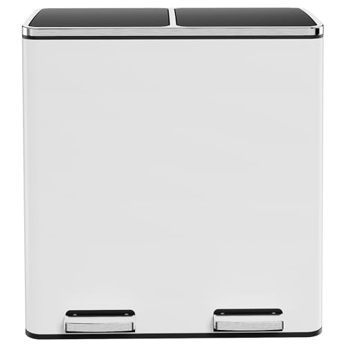 AthLike 60L(16 Gal) Dual Trash Can, Stainless Steel Kitchen Garbage Can, Double Compartment Classified Rubbish Bin, Recycle Dustbin w/Plastic Inner Buckets, Soft-Close Lid, Airtight, White