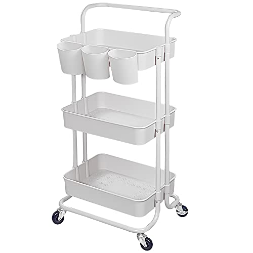 Image of Lontenrea 3-Tier Multifunction Rolling Cart Utility Storage Shelves Cart with Hanging Cup Lockable Wheels and Handle for Office Living Room Kitchen Bathroom (White)