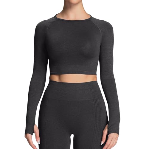 Aoxjox Long Sleeve Crop Tops for Women Workout Seamless Cropped T Shirt Top (1 Black Marl, Small)