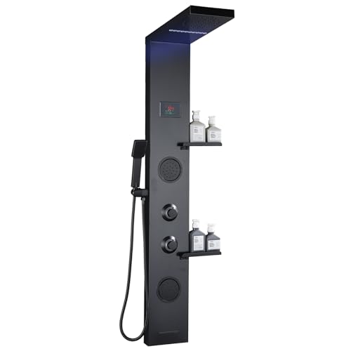 RUITHOE LCD Temperature Display Rainfall Shower Panels Tower System with Storage Shelf, Matte Black...