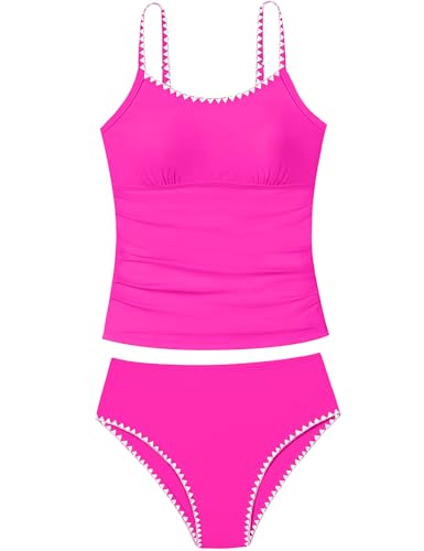 Image of Girls Swimsuit Solid Color Tankini Contrast Trim Swimwear 2 Piece Bathing Suit Padded Swimsuits for Teens 9-16Y