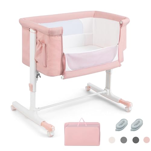 RELAX4LIFE 3 en 1 Cuna Colecho con 5 Alturas Ajustables, Ruedas Bloqueables, Colchón y Correa de Sujeción, Cuna Bebe con Bolsillo Portaobjetos y Bolsa de Transporte para Bebés 0-6 Meses (Rosa)