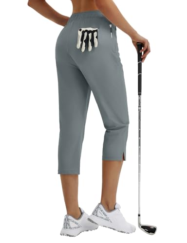 Image of baleaf 20'' Women Capris with Pockets Stretch Golf Work Dress Cropped Pants Straight Leg High Waisted Pull On Summer
