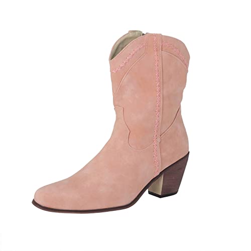 Dsisskai Cowboy Boots for Women Vintage Stacked Mid Heel Pointed Toe Leather Western Cowgirl Boots Wide Calf Side Zipper Ankle Booties Fall Winter