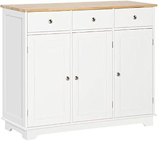 HOMCOM Modern Sideboard with Rubberwood Top, Buffet Cabinet with Storage Cabinets, Drawers and Adjustable Shelves for Living Room, Kitchen, White