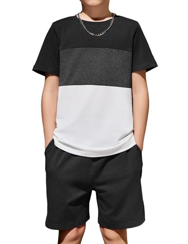 Image of Arshiner Boys' 2-Piece Cotton Outfit Color Block T-Shirt and Shorts Set Summer Camo Clothes for Kids 5-14 Years