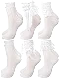 Fourluoo 6 Pairs Womens Socks Casual Ruffle Ankle Socks Lace Socks Cute Breathable Thin Cool Frilly Socks(White)
