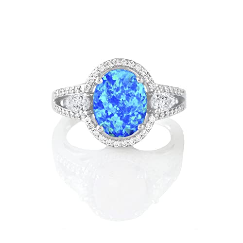 Savlano 14K White Gold Plated Created Oval Blue Opal Stone with Cubic Zirconia Ring for Women - Comes With a Gift Box
