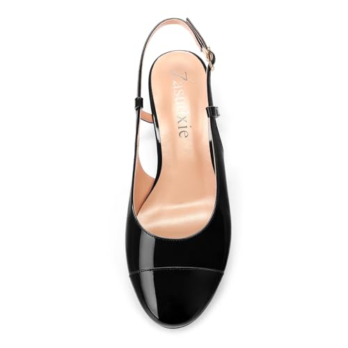 Women's Slingback Flats, Patent Leather Round Toe Ballet Flat Casual Flat Work Shoes, Low Heel Sandals Classic Dress Shoes with Buckle3