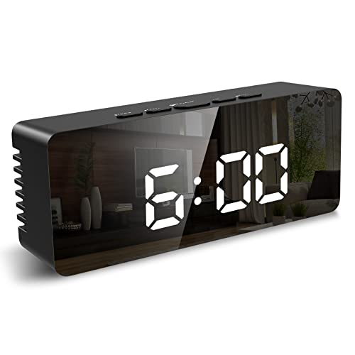 Oria Digital Alarm Clock, Led Mirrored Clocks, 5.8" Led Desk Clock With Usb Charging Port, Snooze Mode, 2 Adjustable Brightness, Time, Date And Temperature Display For Bedroom, Office, White #TOP23