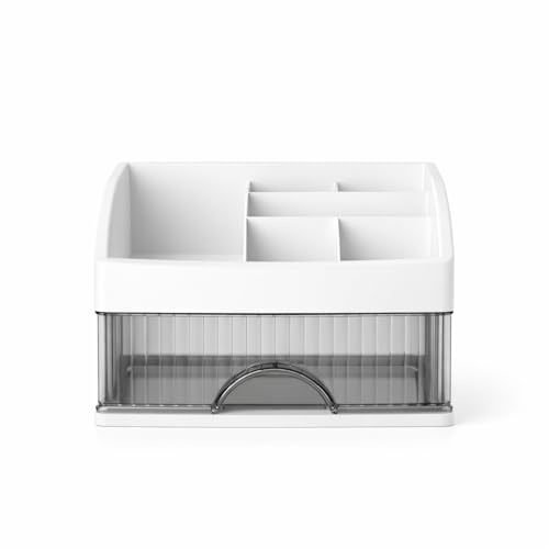 Image of HoopVool Desk Makeup Organizer, White Plastic Storage Box with Sliding Drawer, Stylish Display Case for Cosmetics, Lotion, Nail Polish, Brushes, and Jewelry, 1-Layer