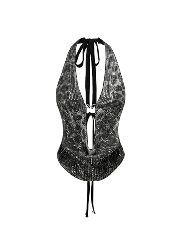 Verdusa Women's Cheetah Print Sequin Top Y2K Tie Back Corset Halter Going Out Crop Tops Black Medium