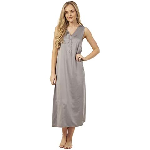 exfaMouSstore Ladies Long Satin Negligee Womens Pleated Full Length Nightdress Chemise, 12, Grey Cover