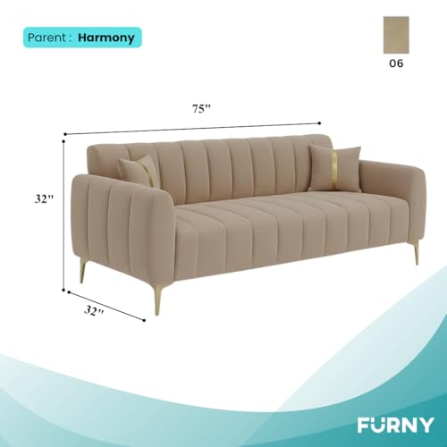Image of FURNY Harmony 3 Seater Velvet Fabric Sofa Set (Beige) with Golden Finish Legs Durable & Comfortable Ideal for Living Room
