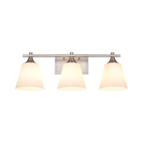 Image of Bathroom Vanity Light Fixtures, Traditional Brushed Nickel 3 Lights Vanity Lighting Fixture with Opal Glass Shade, Porch Wall Mount Light Fixture for Bathroom, Mirror Cabinets Hallway Stairs