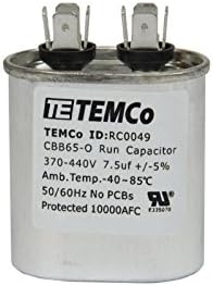TEMCo 7.5 uF Run Capacitor CBB65, 7.5 MFD, 370-440V, Oval, 50/60Hz | for HVAC AC Fan, Motor, Blower Applications