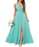 WSEYU Vestidos largos de gasa plisados, vestidos de dama de honor para boda, vestidos de novia casuales, talla grande, turquesa, 48