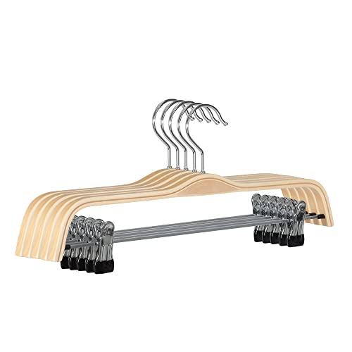 JS Hanger Wooden Pant Hangers, 5-Pack Light Weight Wood Skirt Hangers with Anti-Rust Hook and 2-Adjustable Clips