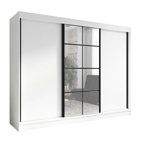 A&J MöbelLand Schwebetürenschrank ORAVELLE Kleiderschrank 3-türig mit Schubladen und Spiegel Garderobenschrank 200 cm (Weiß)