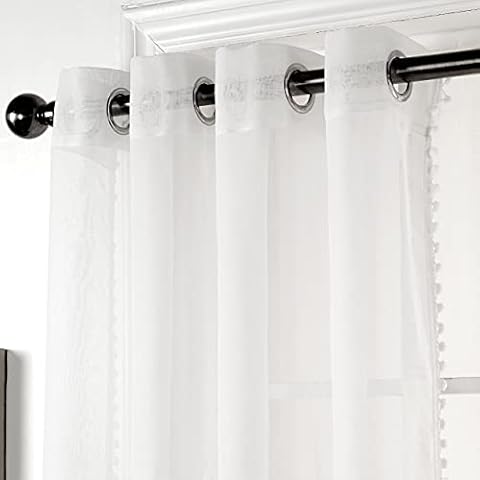 Amania Trading Ltd White POM POM Eyelet Ring Top Header Linen Look Sheer Voile Children Modern Curtain Panels 81" (206cm) Drop Cover