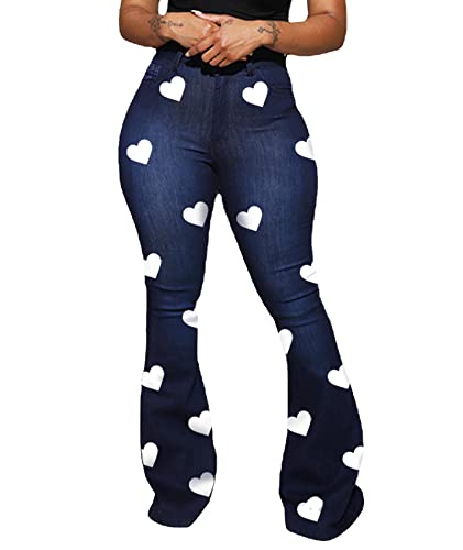 SEMATOMALA Women's Bodycon Denim Flared Leg Jeans Pants Heart Printed Color Contrast Slim Bell Bottom High Waist Trousers