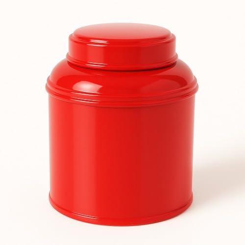 Kyosei Tea Boîte à thé rouge vif empilable 80–100 g – Fer blanc qualité alimentaire | Double couvercle hermétique | Fabriquée en France | Boîte ronde durable pour thé, infusion, épices