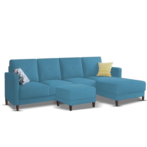 Image of Baloney RHS 6 Seater L Shape Sofa Set with Center Table for Living Room (Turquise Fabric) Premium Fabric Sofa