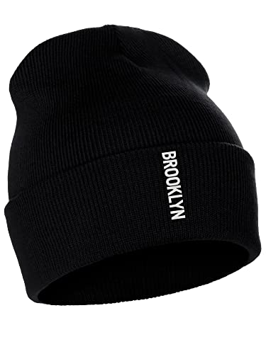 Daxton Vertical USA Cities Cuffed Beanie Winter Knit Hat Skully Cap, Brooklyn Black White