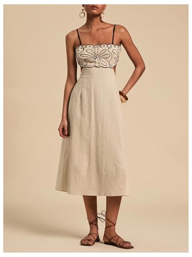 SOLY HUX Women's Midi Dress Embroidery Spaghetti Strap Cut Out A Line Flared Summer Cami Dresses4