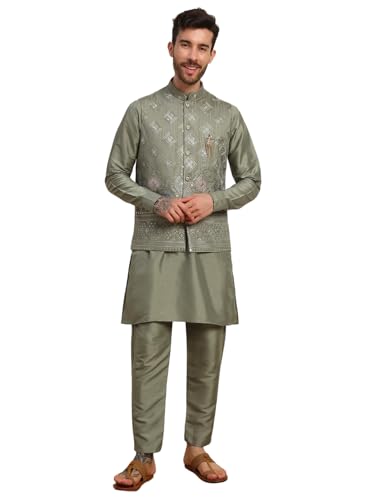 Mens Heavy Cotton Silk Sequence Kurta Trouser Set With Waistcoat (Nehru Jacket) (C-118)