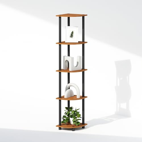 Image of Furinno Turn-N-Tube Storage Shelves, 5-Tier Book Shelf, Corner Shelf, Toolless Open Shelves, for Organization and Storage, Living Room, Home Office, Hallway, Bedroom, Light Cherry