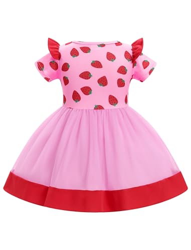 ODASDO Baby Girls Strawberry Bee Cow Birthday Cake Smash Outfit Short Sleeve Dress with Bowknot Headband Set3