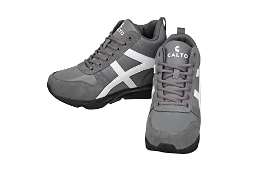 Image of CALTO Men's Invisible Height Increasing Elevator Shoes - Grey /White Lace-up High-Top Hiking Style Sneaker Boots - 3.6 Inches Taller - S22781 - Size 6 D(M) US