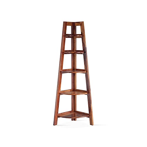 Image of SHYAM ART & CRAFT Solid Sheesham Wooden Corner Bookshelf for Living Room Floor Standing Corner Book Shelf 5 Tier Ladder Cabinet Corner Shelf for Home Decor|Bookshelf for Home | Brown Finish