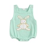 xkwyshop Newborn Baby First Easter Outfit Girl Boy Bunny Embroidery Bubble Romper Sleeveless Bodysuit Linen Overall Clothes (Green, 6-12 Months)
